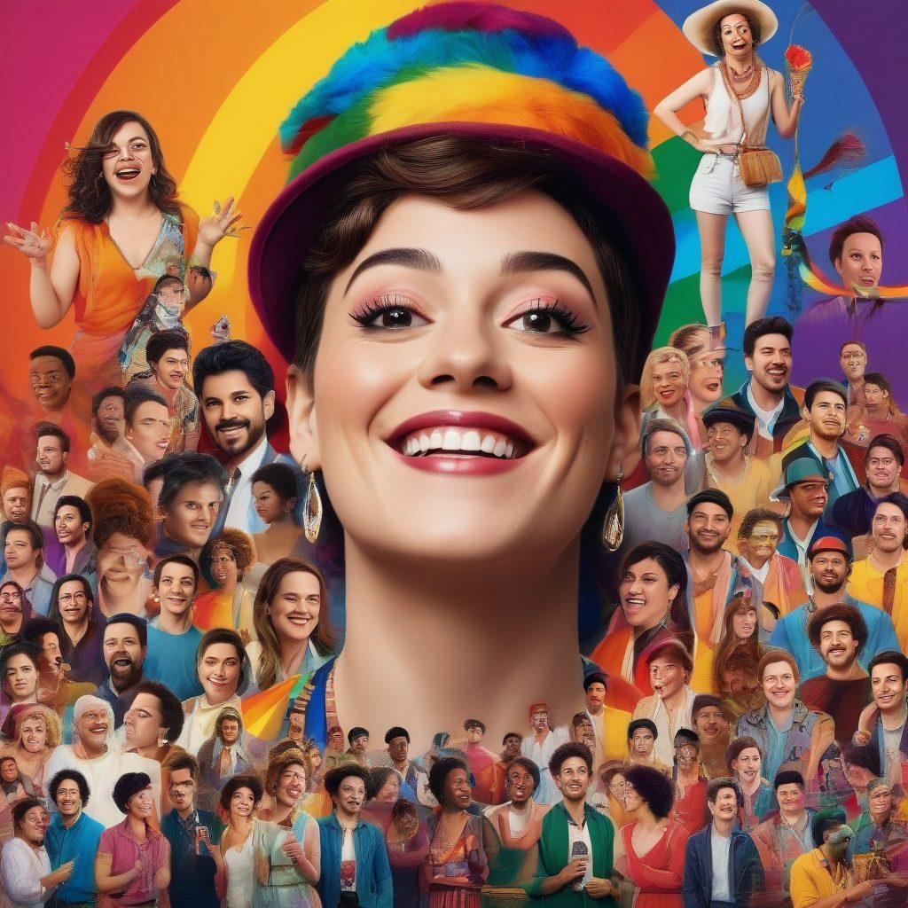 A vibrant collage showcasing the evolution of queer humor in films, featuring iconic scenes from short films to streaming hits. Include a colorful spectrum of LGBTQ+ characters laughing and engaging in funny moments, surrounded by film reels and digital screens. The background should hint at a film festival with a rainbow flag waving proudly. super-realistic. vibrant colors. cinematic style.