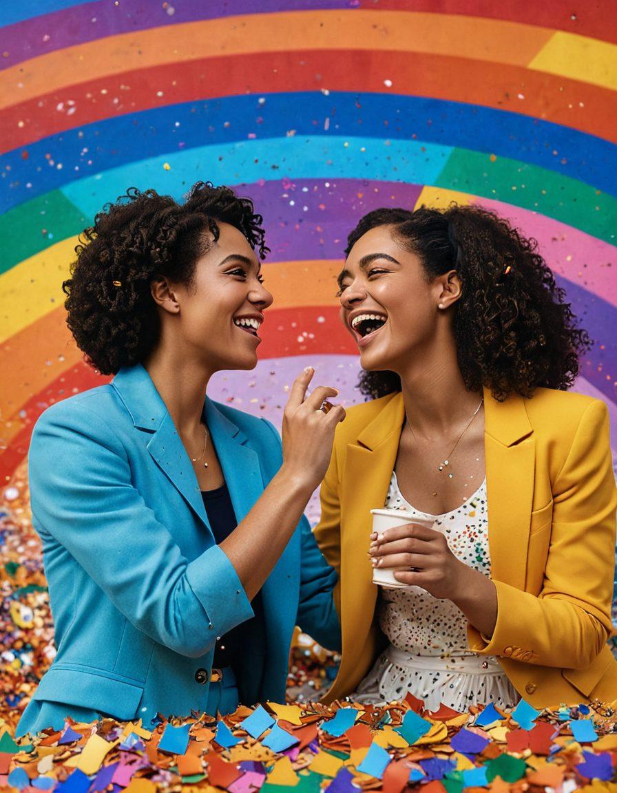 A vibrant film reel transforming into a rainbow, with joyous LGBTQ+ couples laughing together under a shower of colorful confetti. In the background, a large cinema screen plays iconic scenes from joyful LGBTQ+ films, creating a sense of celebration and inclusivity. The overall atmosphere is filled with warmth and happiness. super-realistic. vibrant colors. cinematic style.